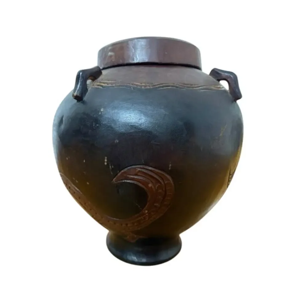 Large Oriental Wood Jar w/ Lid Rice Jar Carved Dragon 4 Carved Strap Handles